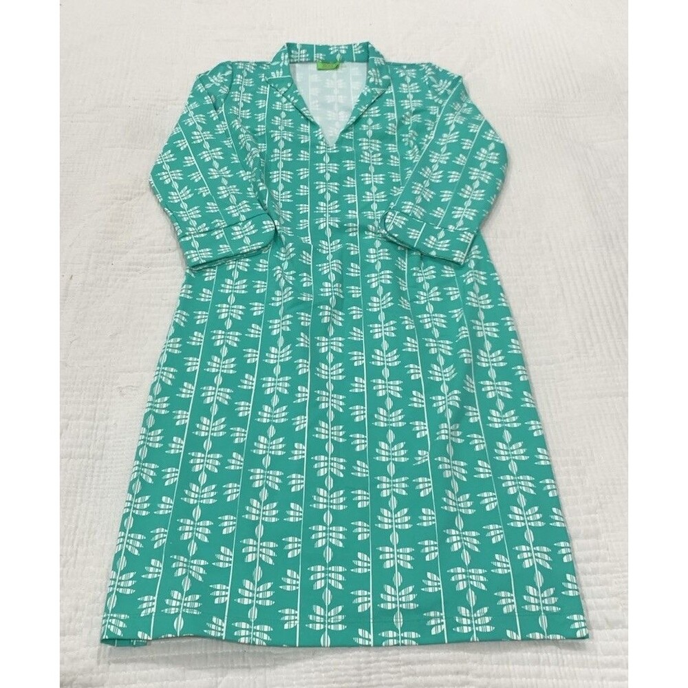 Katherine Way Golf Dress Womens XS Green Geometric 3/4 Sleeve V-Neck Shift